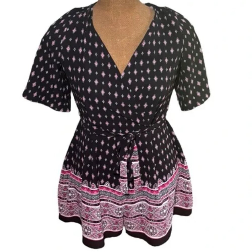 Three Pink Hearts Juniors Black Floral Romper